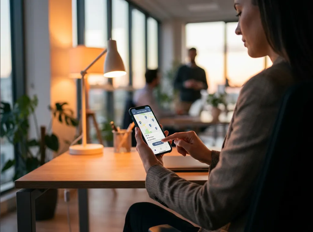 Professionnel utilisant application smartphone pour gérer contrôle d'accès à distance, interface mobile montrant plusieurs sites, administration distante depuis bureau