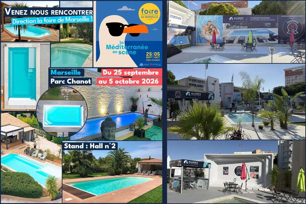 Mosaïque annonçant la foire de marseille avec des photos de piscines