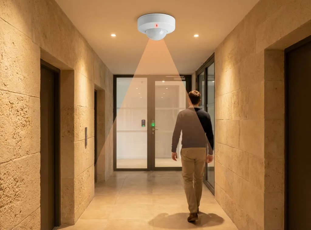 Détecteur REX (Request to Exit) installé au plafond près porte contrôle d'accès, capteur infrarouge passif PIR détectant personne approchant de l'intérieur