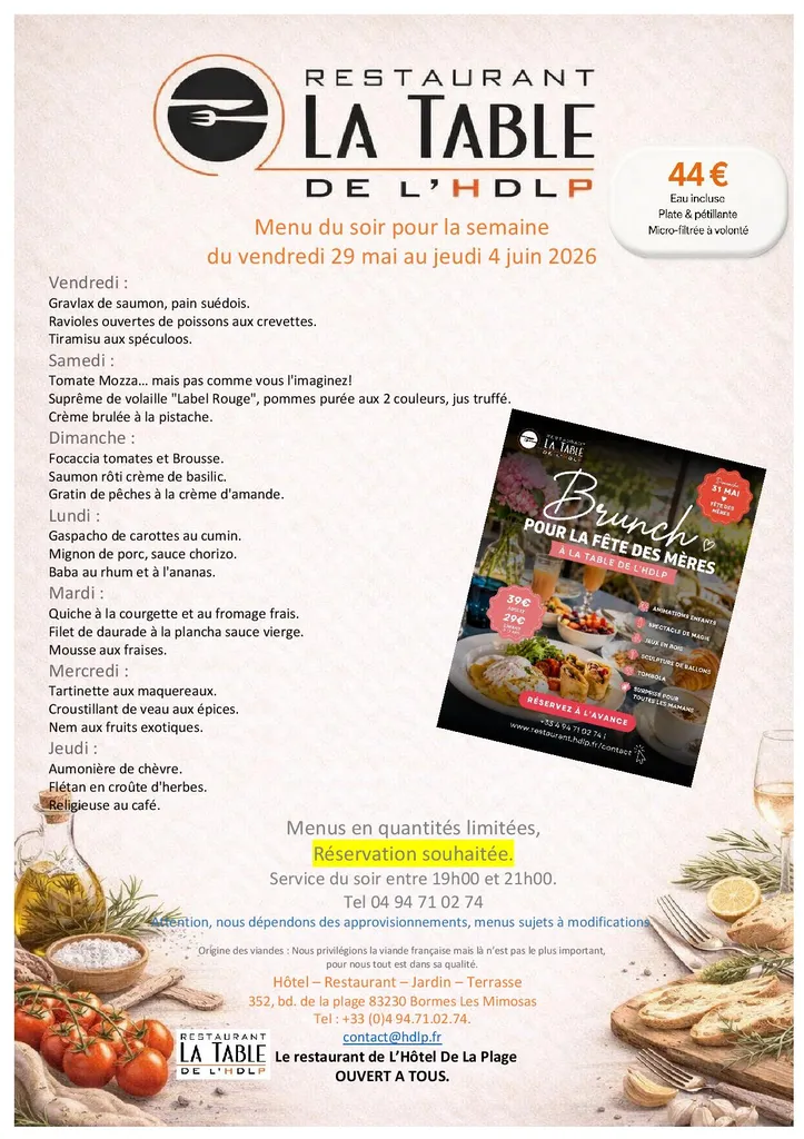 Menu du soir pour la semaine du 29 mai au 4 juin 2026 - La Table de L'HDLPL-Hôtel de La Plage. 