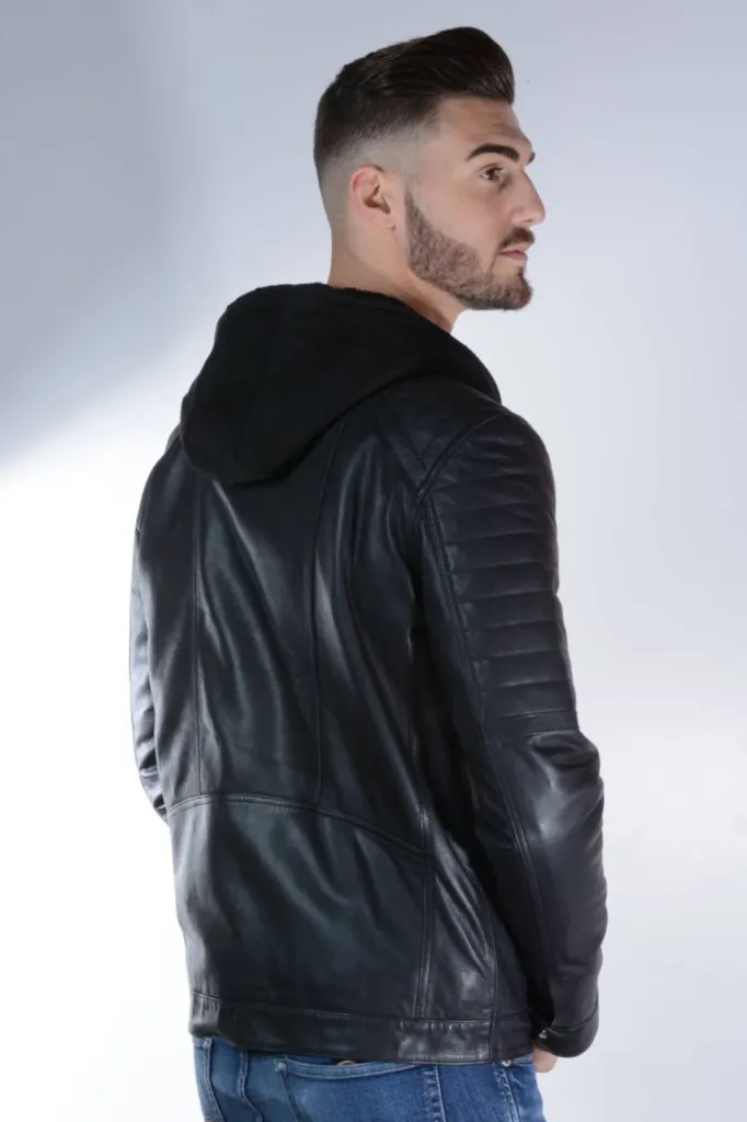 blouson cuir à capuche