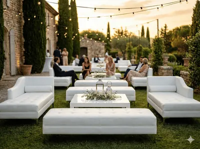 Location pack salon lounge prestige chauffeuses poufs simili cuir blanc avec table basse pour événement chic à Marseille et ses alentours