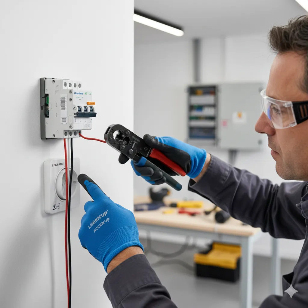 Gros plan sur une Wallbox Green'up Premium Legrand installée sur un mur de garage à Bordeaux, avec le voyant de charge vert allumé.