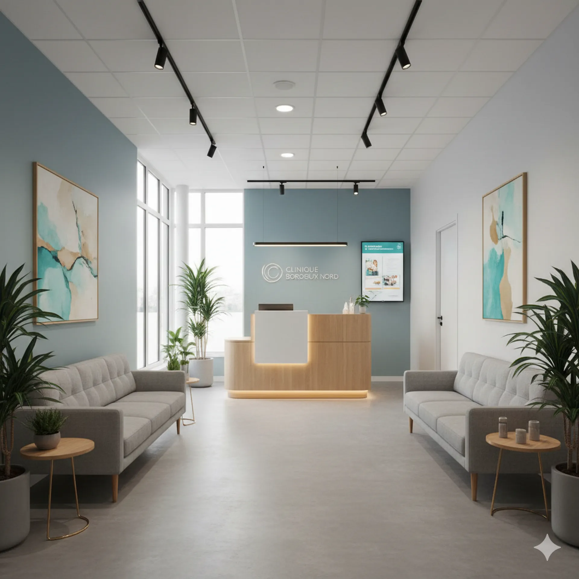 Zone d'accueil et salle d'attente d'un cabinet médical moderne et lumineux à Bordeaux, avec un comptoir en bois clair, des canapés confortables et des plantes vertes.