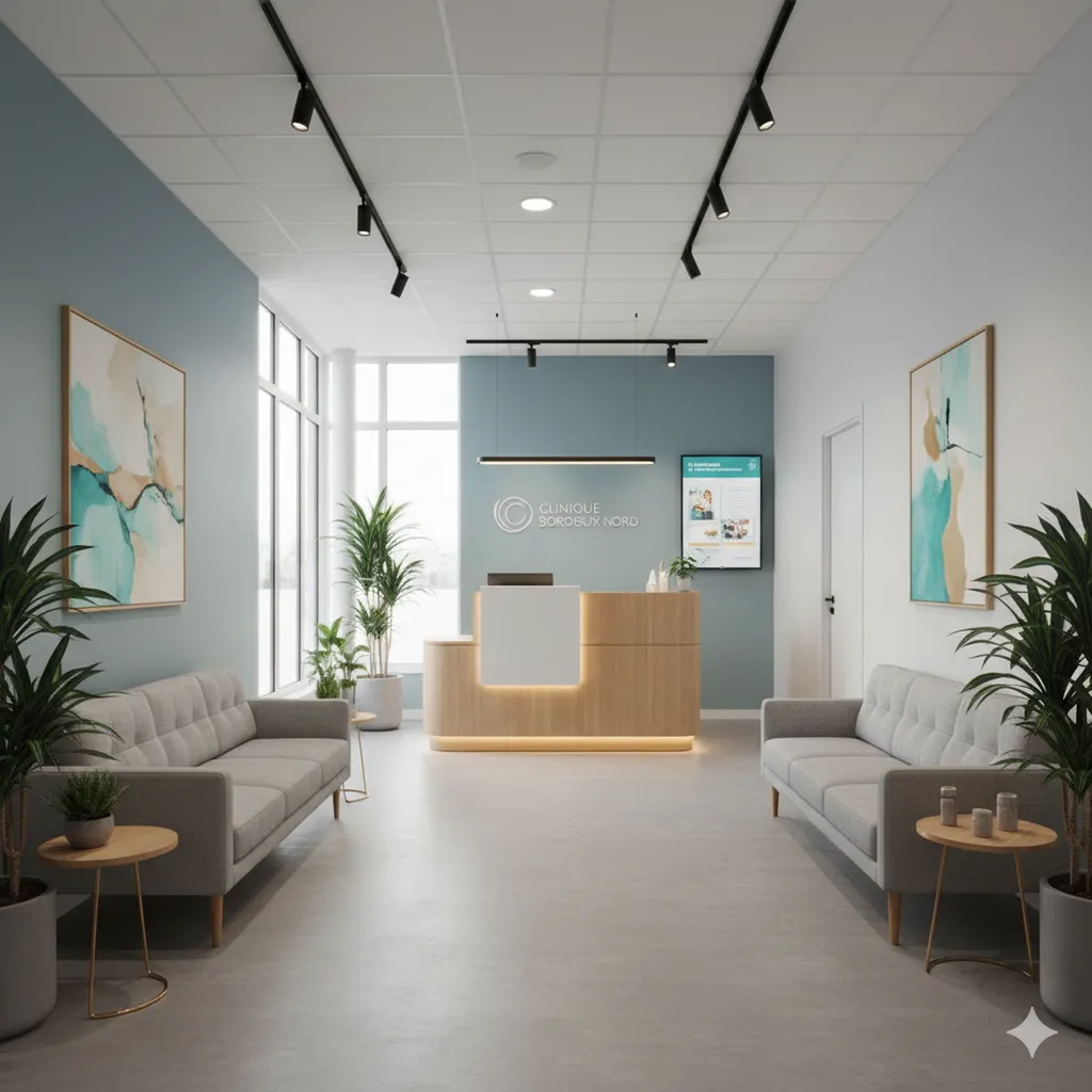 Zone d'accueil et salle d'attente d'un cabinet médical moderne et lumineux à Bordeaux, avec un comptoir en bois clair, des canapés confortables et des plantes vertes.