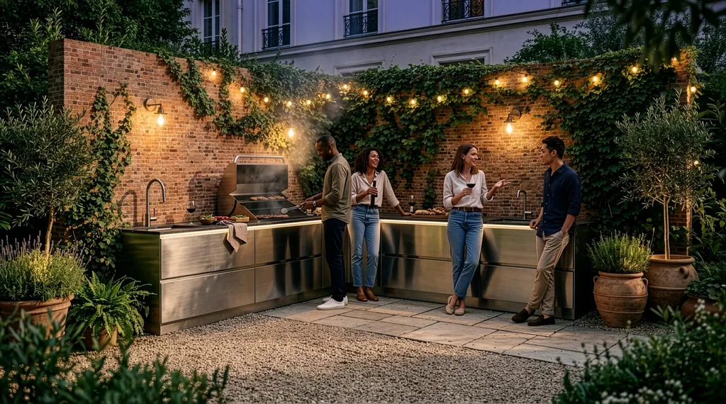 Cuisine extérieur inox dans cour de jardin à Paris