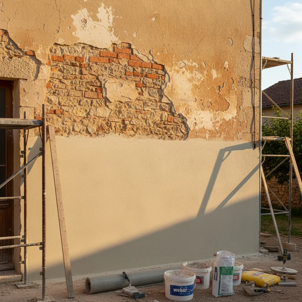 Entreprise artisanale pour rénovation de façade à Villeneuve Tolosane proche Tournefeuille avec reprise des supports anciens et application produits Weber ParexLanko PRB en Haute-Garonne Occitanie 31