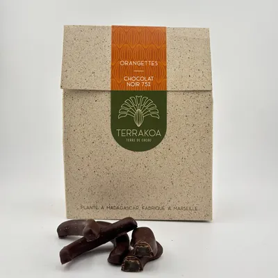 Orangettes chocolat noir Terrakoa écorces d’orange confites enrobées chocolat bean-to-bar fabriqué à Marseille cacao Madagascar