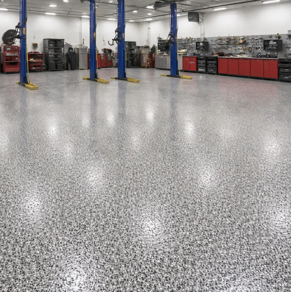 Installation d’un revêtement de résine polyaspartique avec paillettes PVC décoratives pour sol d’atelier automobile situé à Talence, à proximité immédiate de Villenave-d’Ornon