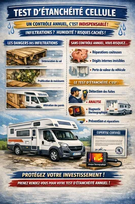 Test d’étanchéité camping-car : un contrôle essentiel pour prévenir les infiltrations, protéger la cellule et préserver la valeur du véhicule. Un diagnostic annuel réalisé par un professionnel certifié permet d’éviter les dégâts cachés et d’assurer une lo
