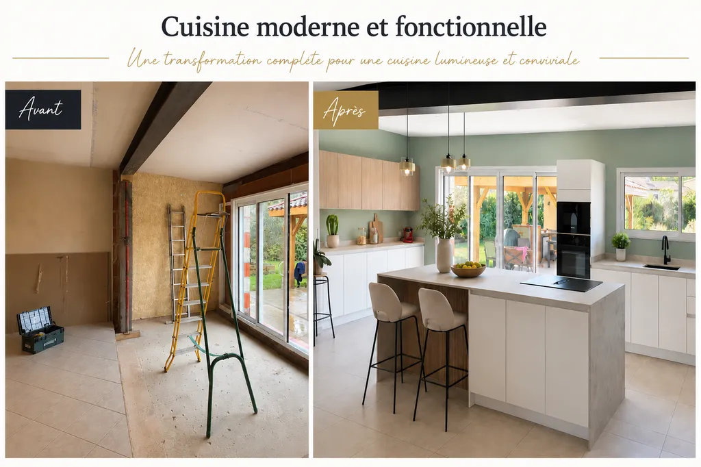 Rénovation complète d'une cuisine sur mesure avec îlot central et ouverture de l'espace à Daumazan-sur-Arize (09)