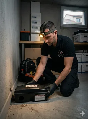 Cette image illustre l'action discrète et rigoureuse de notre technicien expert A.M.A Nuisibles en intervention chez un particulier. Face à une invasion de souris dans vos cloisons ou vos combles, il est inutile de compter sur les solutions du commerce. N