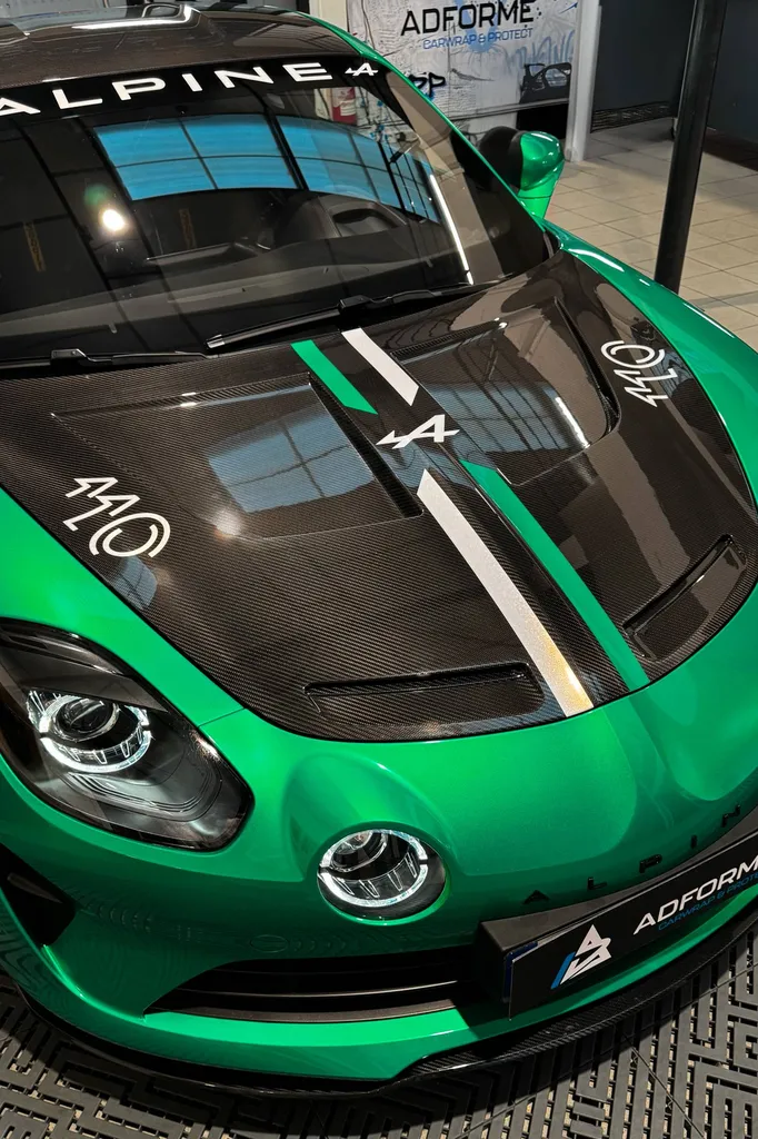 Covering bi‑ton Alpine A110R à Limonest vue avant 	2.	Pose du film adhésif sur Alpine A110R bi‑ton 	3.	Finition du covering Alpine A110R avec contraste vert et blanc 	4.	Détails du film de protection et style bi‑ton Alpine A110R 	5.	Alpine A110R entiè