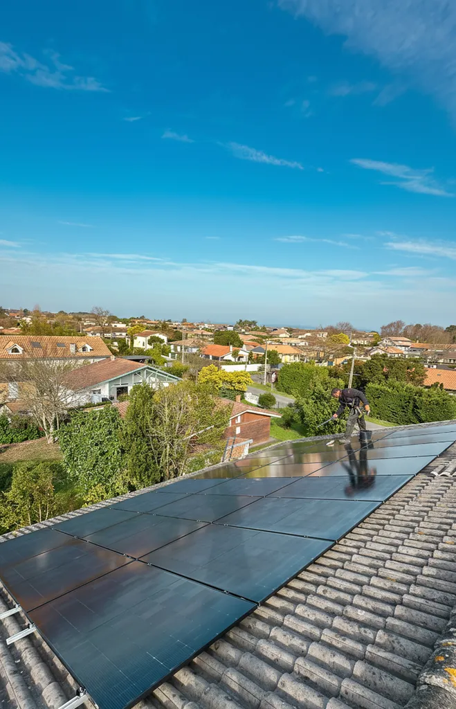 Technicien RGE installant des panneaux photovoltaïques et raccordant un système de batteries dans une maison de Libourne.