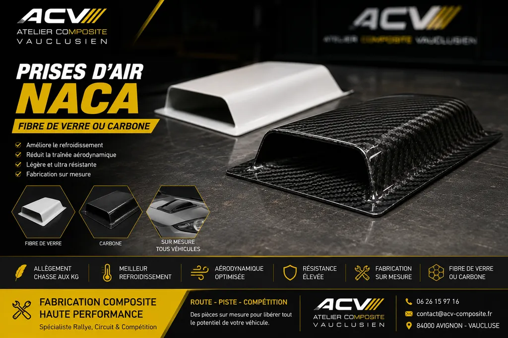 Fabrication sur mesure de prises d'air NACA en fibre de verre, carbone et Kevlar pour voitures de sport, rallye, compétition et motos