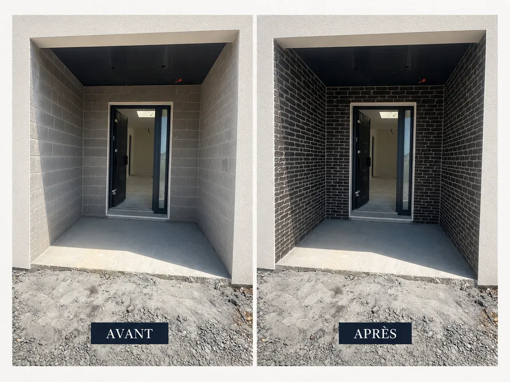 Réalisation d’une imitation pierre décorative dans une entrée extérieure de maison à Saint-André-sur-Orne