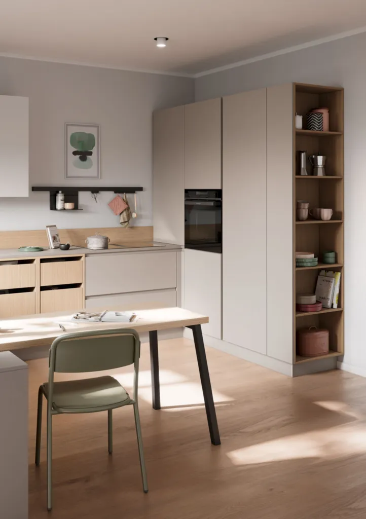Cuisine Beige & Bois : design minéral et élégance apaisante avec coin repas et touches décoratives