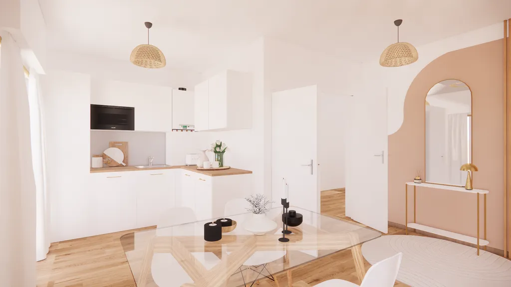 Visualisation 3D photoréaliste d’un séjour aménagé dans un appartement neuf à La Teste-de-Buch sur le Bassin d’Arcachon