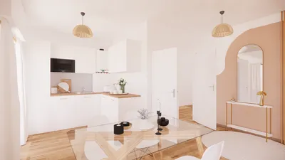 Visualisation 3D photoréaliste d’un séjour aménagé dans un appartement neuf à La Teste-de-Buch sur le Bassin d’Arcachon