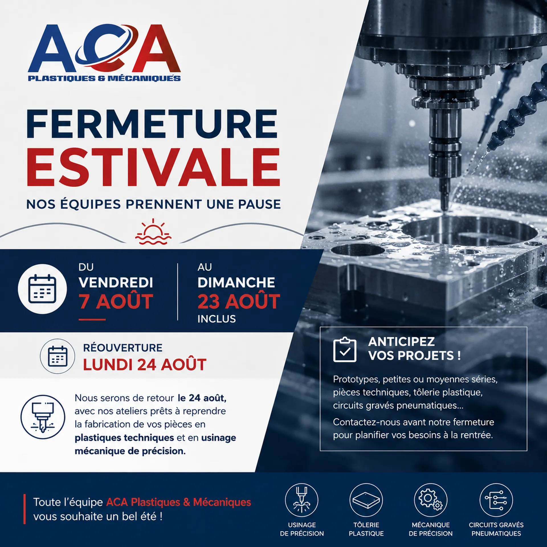 Fermeture estivale d’ACA Plastiques : anticipez vos projets d’usinage plastique et de tôlerie avant la pause estivale à Signes (Var)