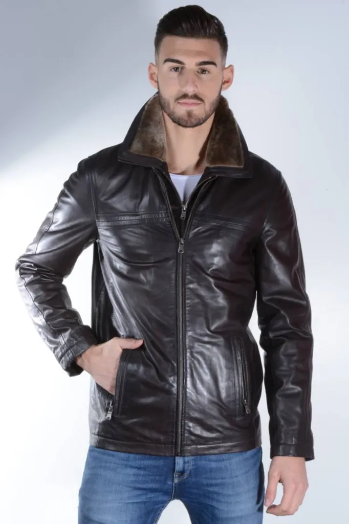 blouson cuir marron homme
