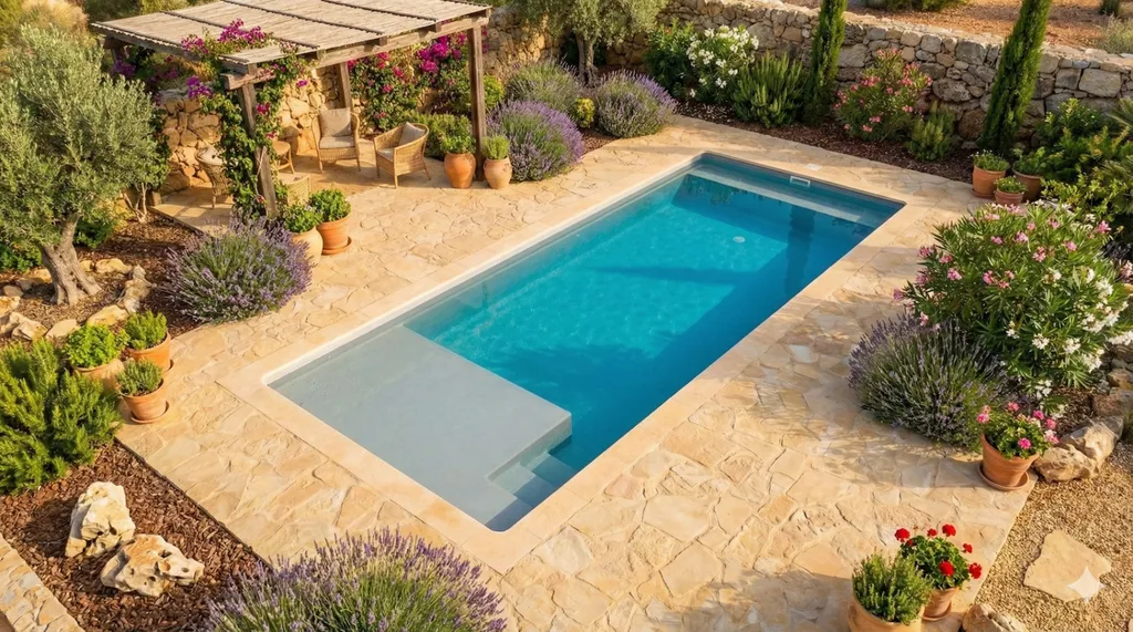 Longue Piscine avec margelle 