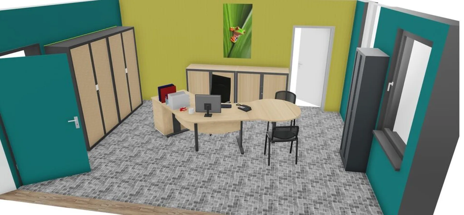 Bureau avec retour goutte d'eau et armoire métalique