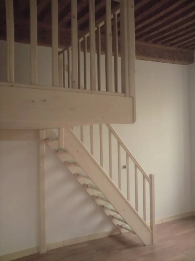 Escalier et garde-corps en bois rénovés avec plafond à la française restauré dans un studio