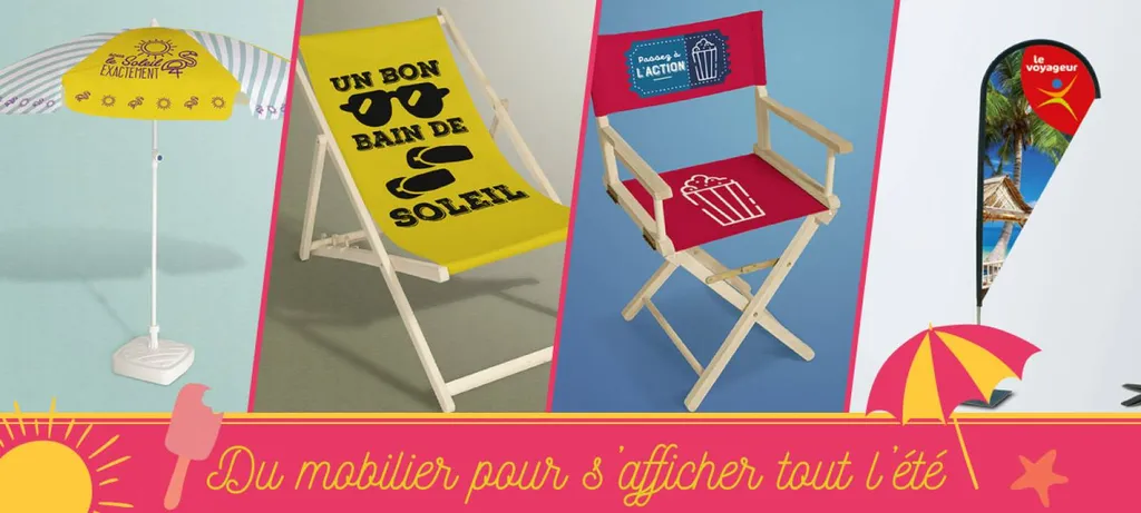 graphiste sur marseille impriession et création graphique de mobilier été parasol logo sur chaise drapeau publicitaires