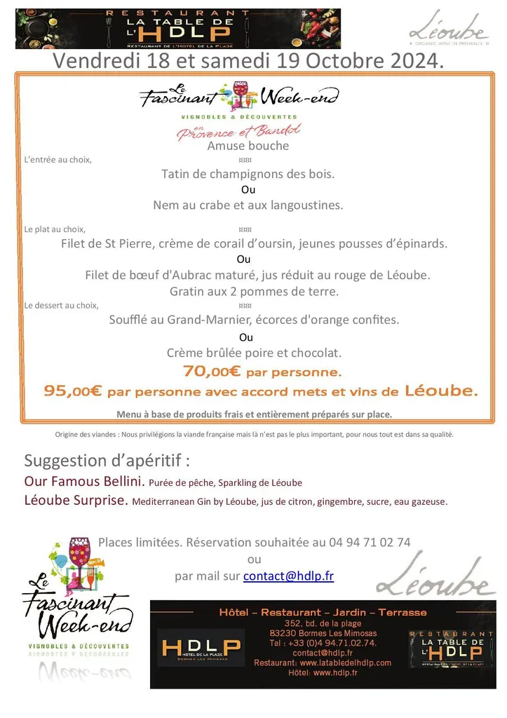 Le Fascinant menu de la Table de L'HDLP pour le fascinant Week-end de Vignobles et découvertes du Var