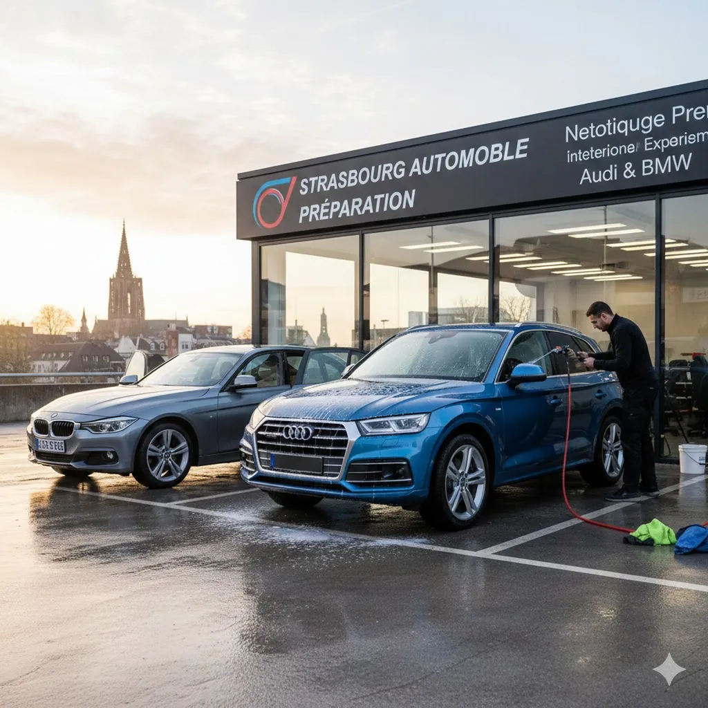 Préparation à la vente de voiture avec nettoyage intérieur et extérieur complet pour Audi et BMW à Strasbourg dans le Bas-Rhin