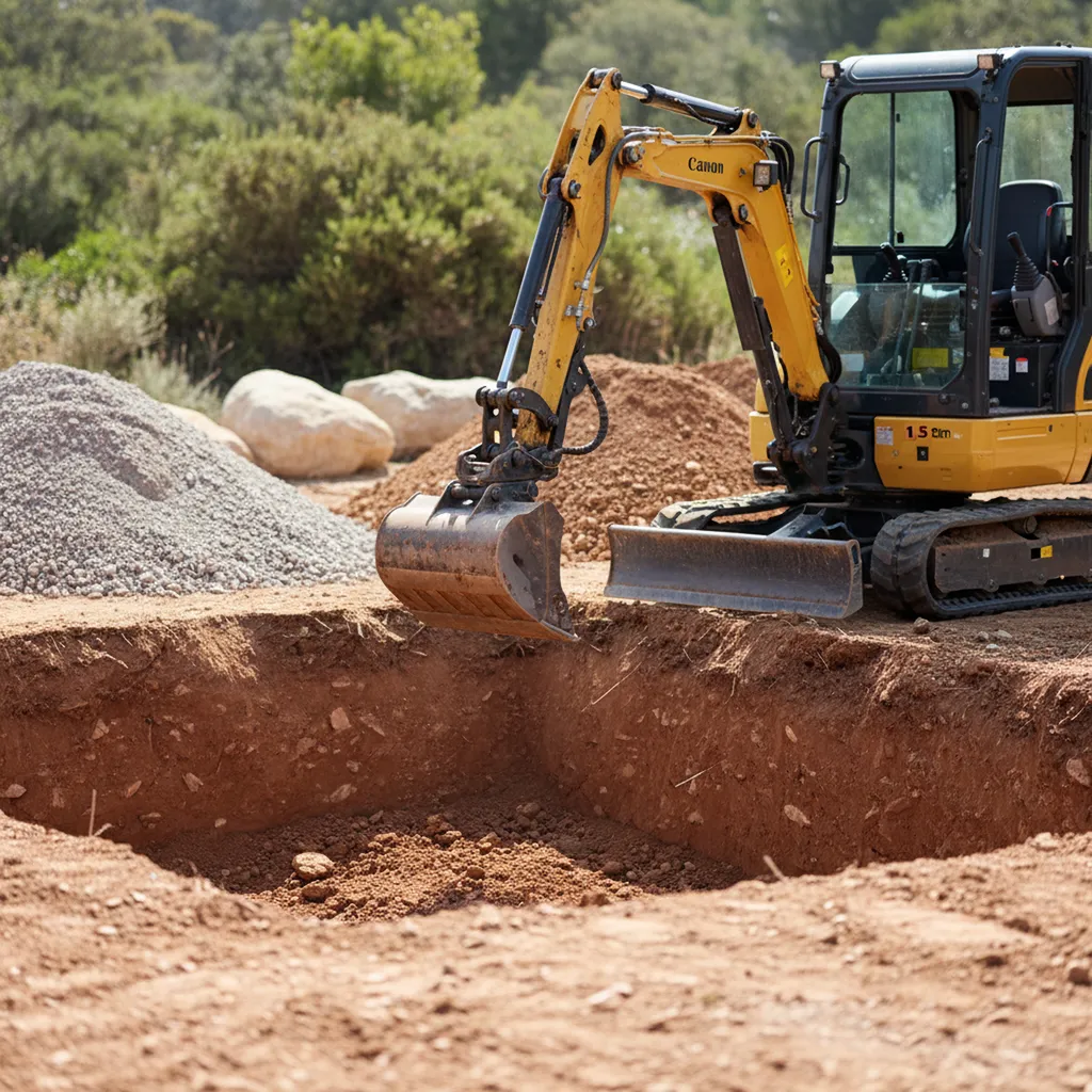 Préparation de sol pour terrasse bois ou dalle à Saint-Tropez vers Ramatuelle : décaissement de précision à la minipelle 1.5T.