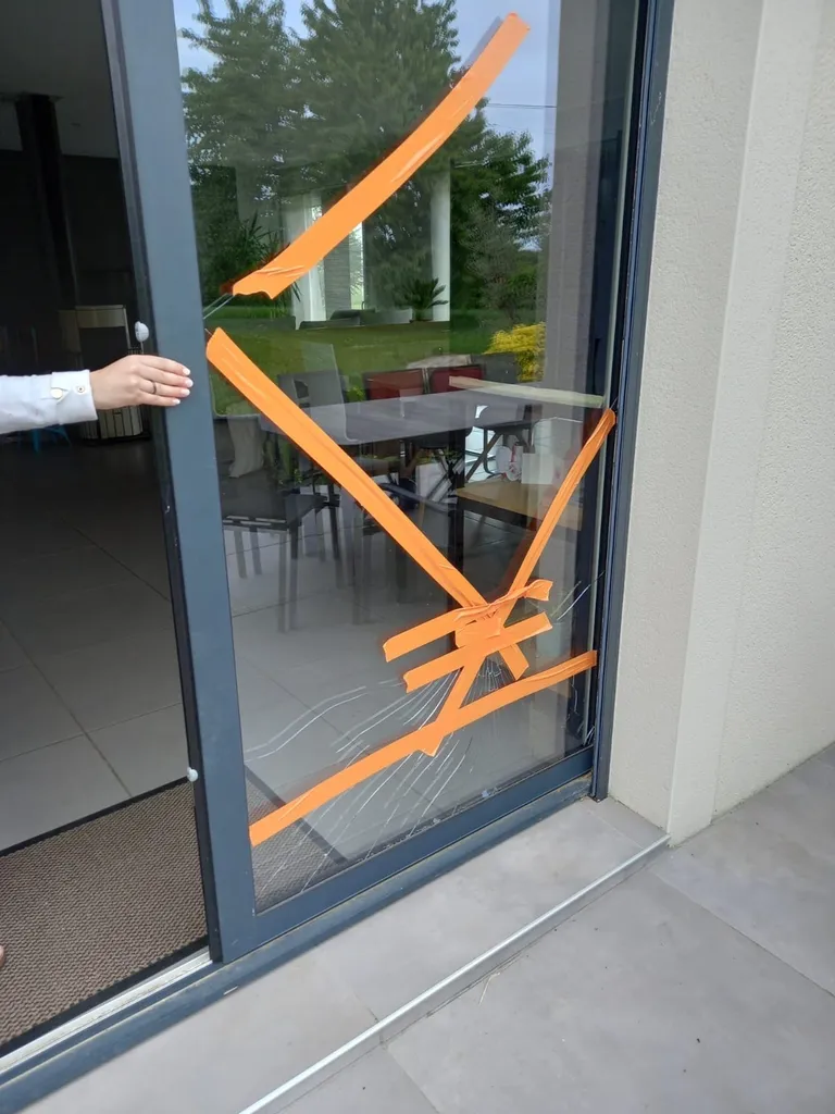 casse d'un vitrage isolant sur baie vitrée suite à projection de pierre en tondant la pelouse