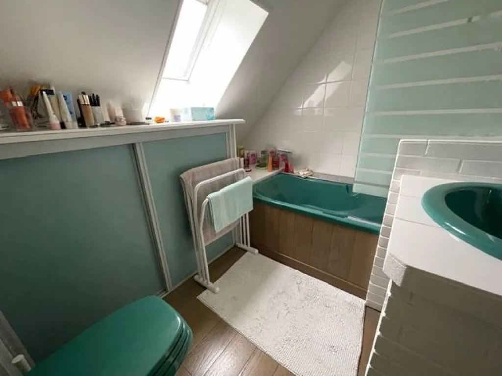 une salle de bains, WC et des rangements