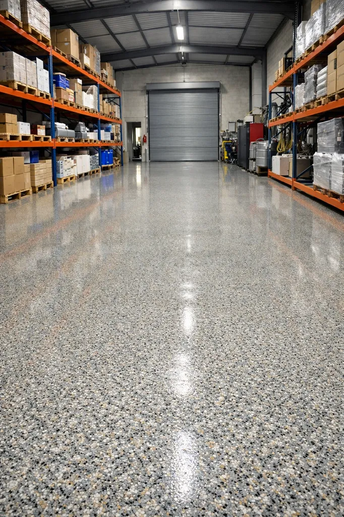 Réalisation de résine époxy quartz Color pour sol de stockage à Bègles proche de Bordeaux rive gauche
