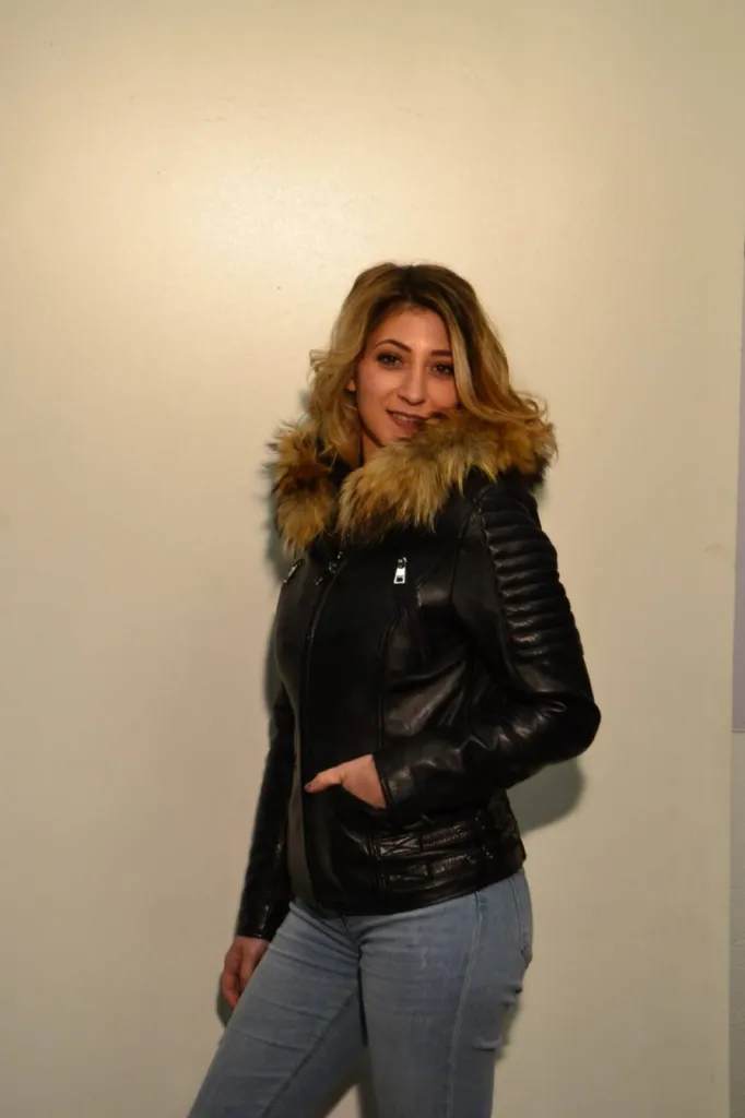 blouson cuir noir capuche femme