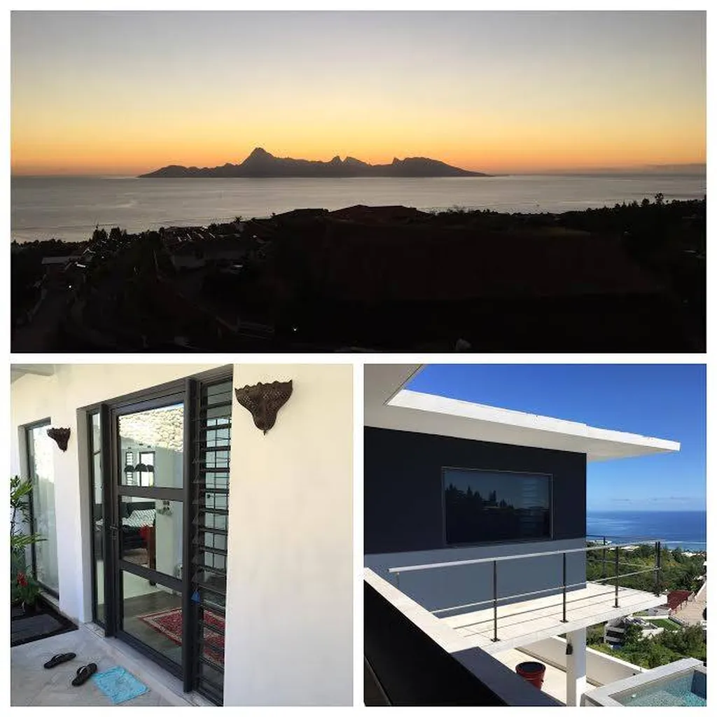 MAISON CONTEMPORAINE A TAHITI ENTIERMENT DECOREE AVEC LES MATERIAUX TERRE DU MONDE : murs, sols, piscine