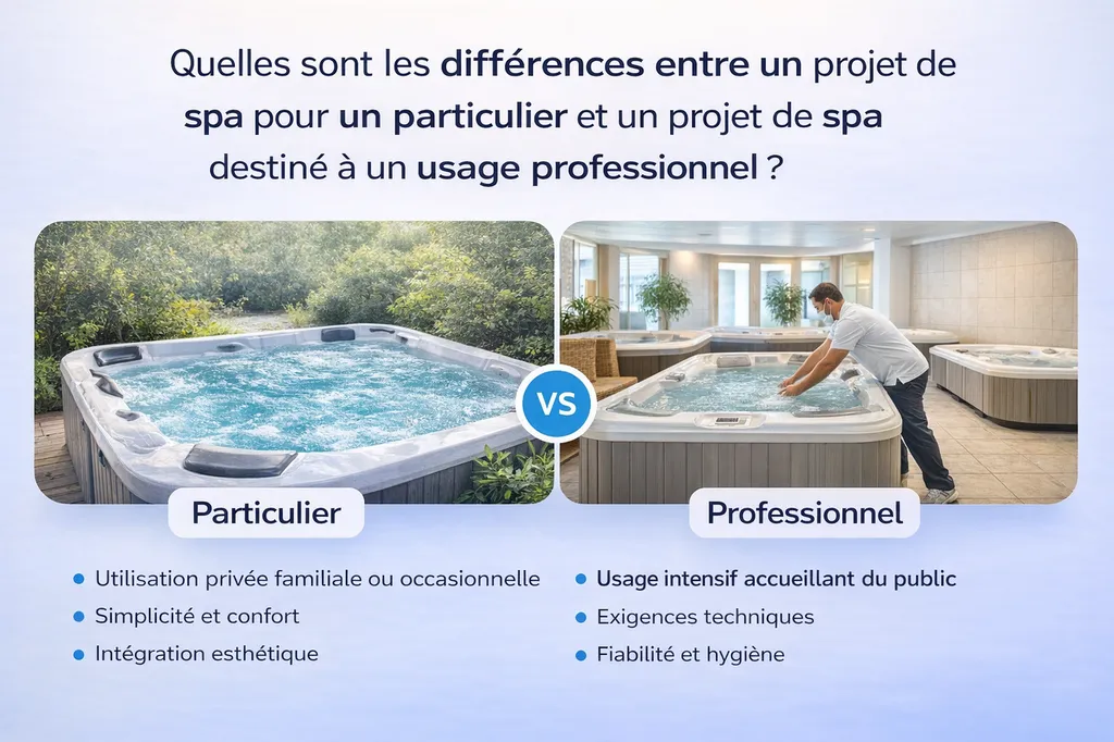 llustration comparant un projet de spa destiné à un usage particulier et un projet de spa à usage professionnel, mettant en évidence les différences d’utilisation, de contraintes techniques, de confort et d’exigences en matière de fiabilité et d’hygiène.