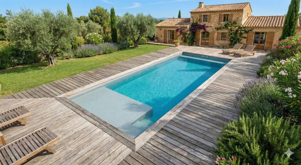 Grande piscine sur terrasse avec planche et pelouse