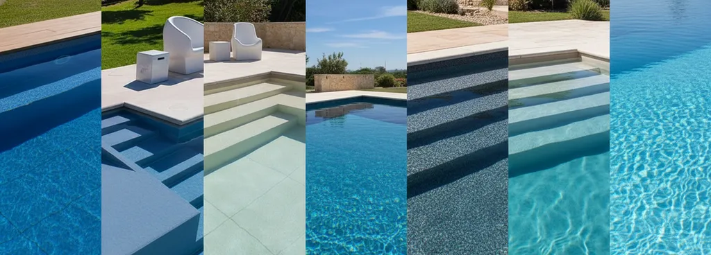 Nuancier de choix de couleurs de liner bleu et gris présenté à un client à Saint-Aubin-du-Médoc