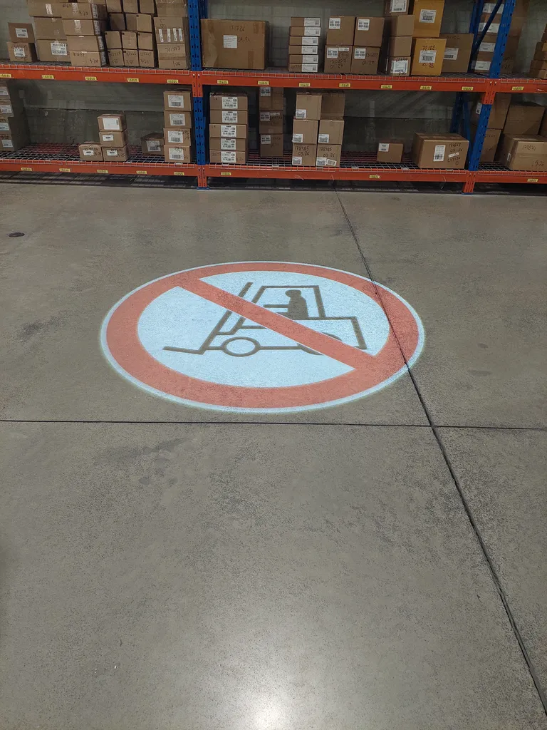 Projecteur de signalisation pour une zone interdit chariot##details-installation+d+une+signalisation+projetee+interdiction+chariot+avec+detection+de+presence+pieton+pour+la+securisation+des+zones+de+circulation+dans+un+environnement+logistique-155