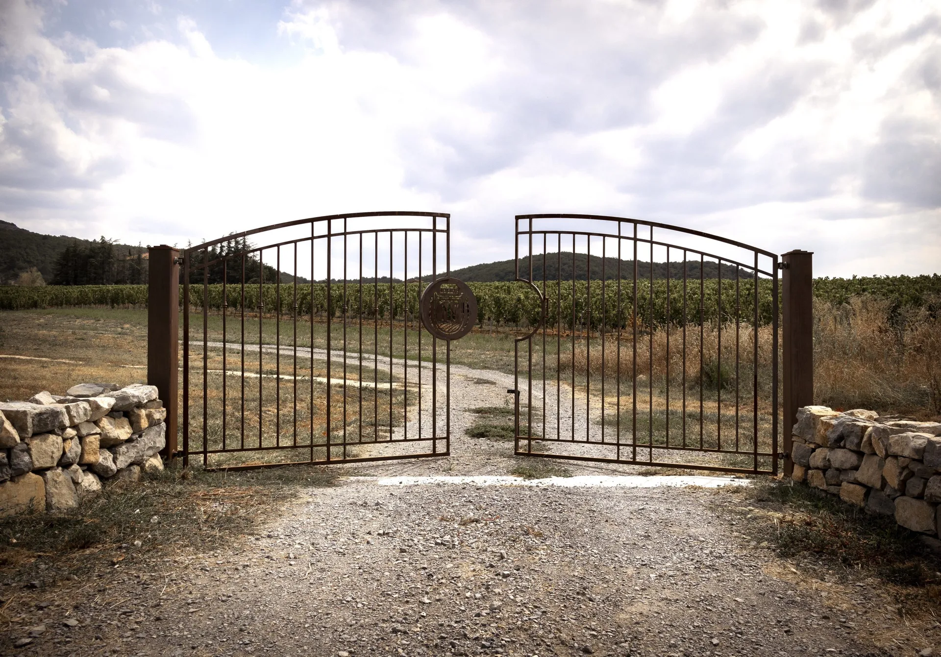 Portail sur mesure en fer forgé pour la cave a vin Terra Noé a Rochecolombe en Ardèche.