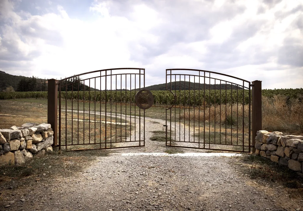 Portail sur mesure en fer forgé pour la cave a vin Terra Noé a Rochecolombe en Ardèche.