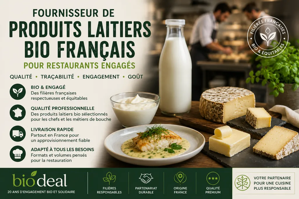 Fournisseur de produits laitiers bio français pour restaurants responsables recherchant qualité, traçabilité et engagements durables : Villactée de Biodéal
