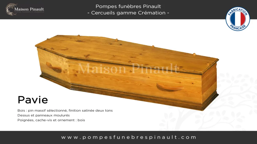 Cercueil crémation en pin Pavie le plus simple et économique par la maison Pinault