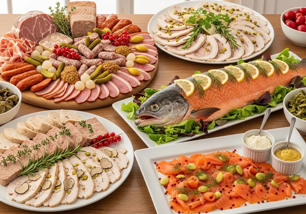 Buffet signature de votre traiteur alsacien : produits raffinés avec viandes, poissons et salades sur mesure à Kertzfeld en Alsace