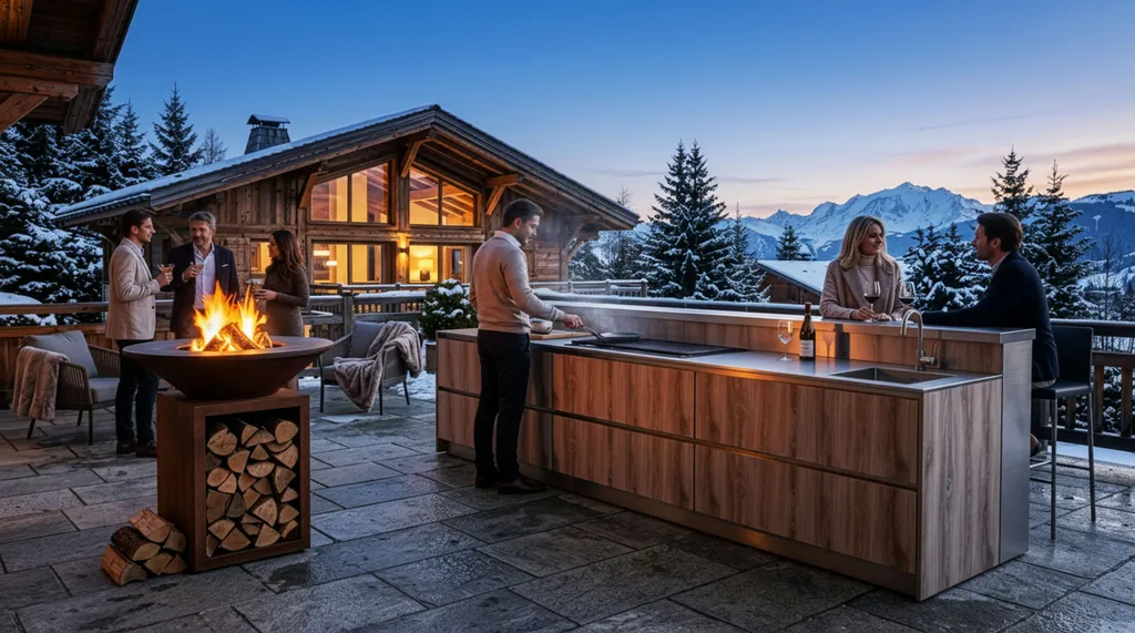 Cuisine extérieur recouvert d'inox et bois à Megève