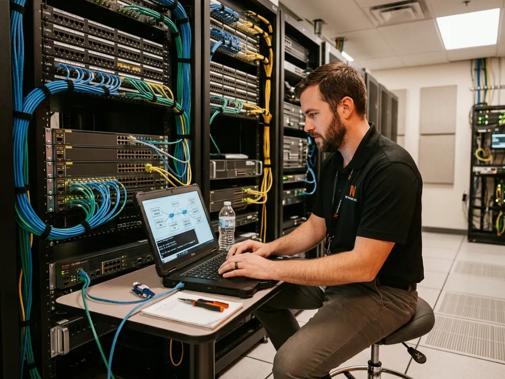 Technicien réseau configurant des VLANs sur switch managé pour un système de contrôle d'accès multi-sites entreprise