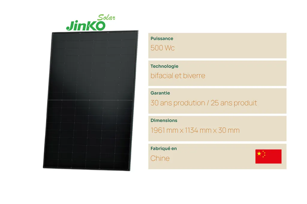 Panneau solaire Jinko Tiger Neo 500 Wc bifacial bi-verre