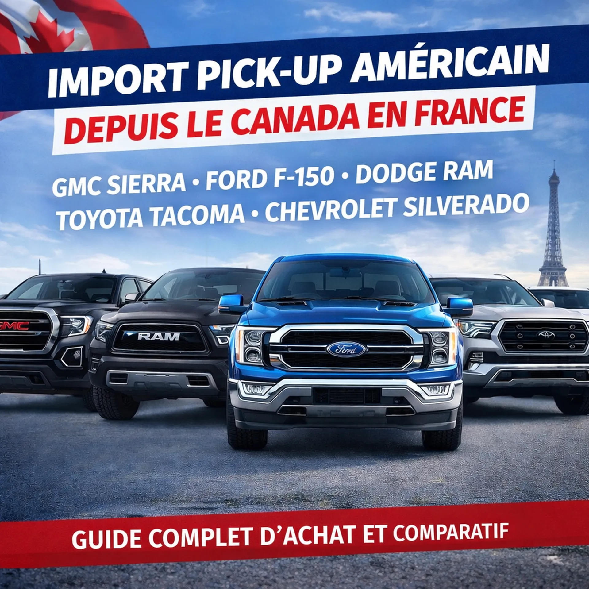 Import pick-up américain Canada France : GMC Sierra, Ford F150, Dodge RAM et Toyota Tacoma – comparatif et guide d’importation complet